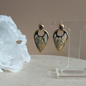Vintage 1990s Pearlized Gold and Black Enamel Inverted Tear Drop Earrings